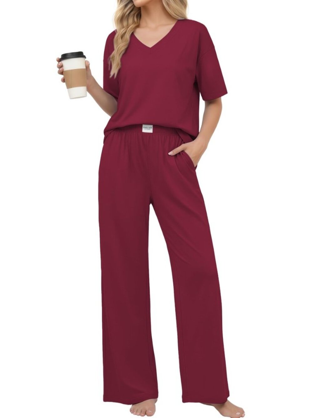 Womens Pajama Sets Cotton Short Sleeve Long Pants Lounge Set